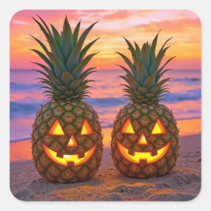 Sticker Carré Citrouilles de Halloween en ananas sur une plage