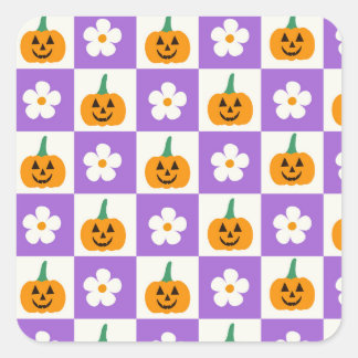 Sticker Carré Citrouilles d'Halloween à carreaux et fleurs rétro