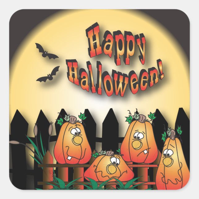 Sticker Carré Citrouilles d'Halloween assis sur une clôture (Devant)