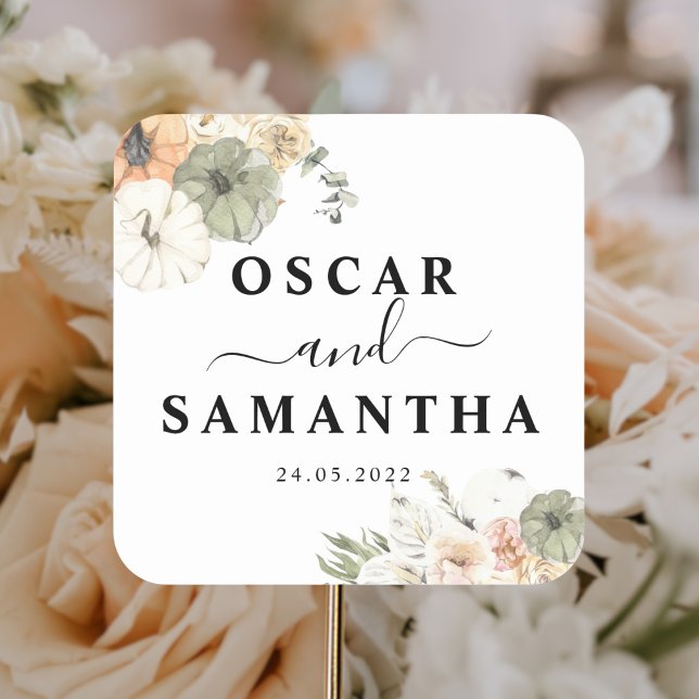 Sticker Carré Citrouilles et fleurs d'aquarelle modernes (Créateur téléchargé)