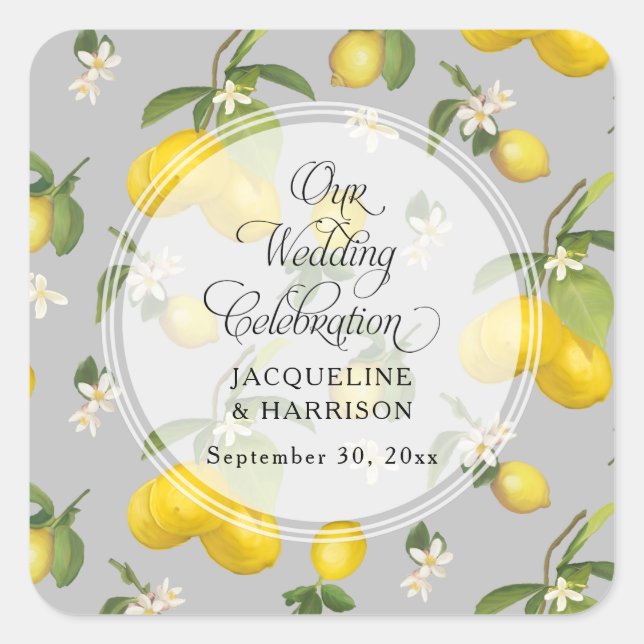 Sticker Carré Citrus citron vert fleuri Jaune n Gris Mariage (Devant)