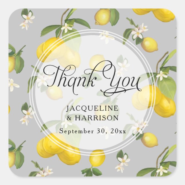 Sticker Carré Citrus citron vert floral gris Merci jaune (Devant)