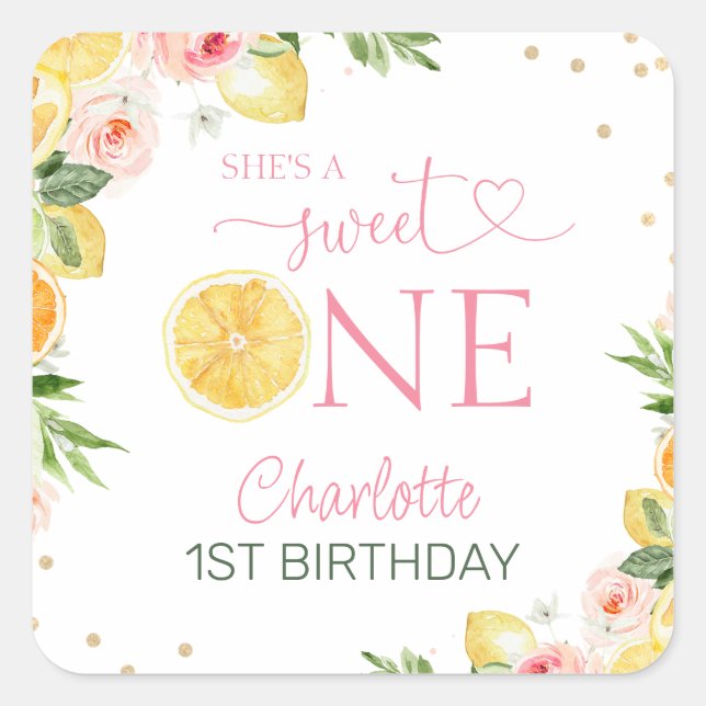 Sticker Carré Citrus rose Floral Doux Un 1er anniversaire (Devant)