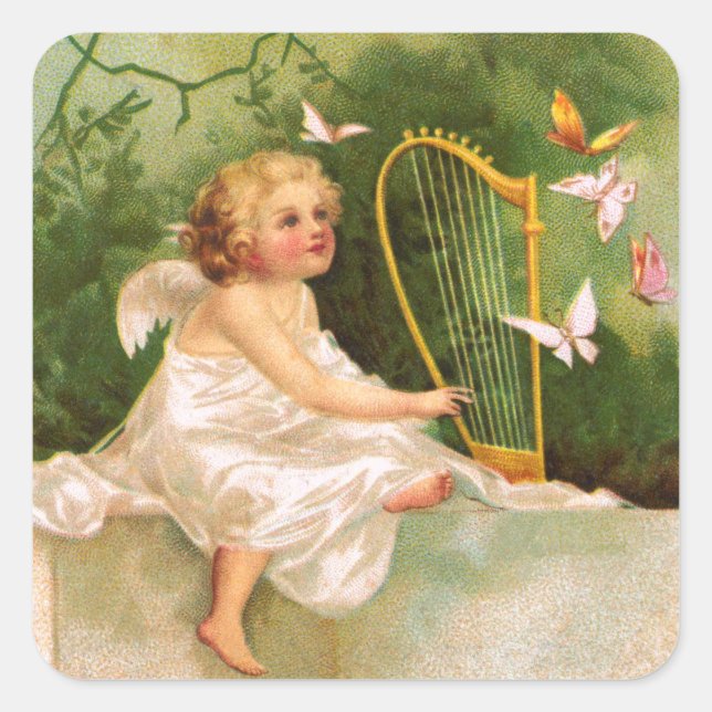 Sticker Carré Clapsaddle : Angel Jouer à la harpe (Devant)