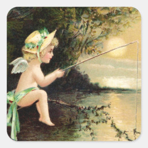 Sticker Carré Clapsaddle : Petit Cherub avec bâton de pêche