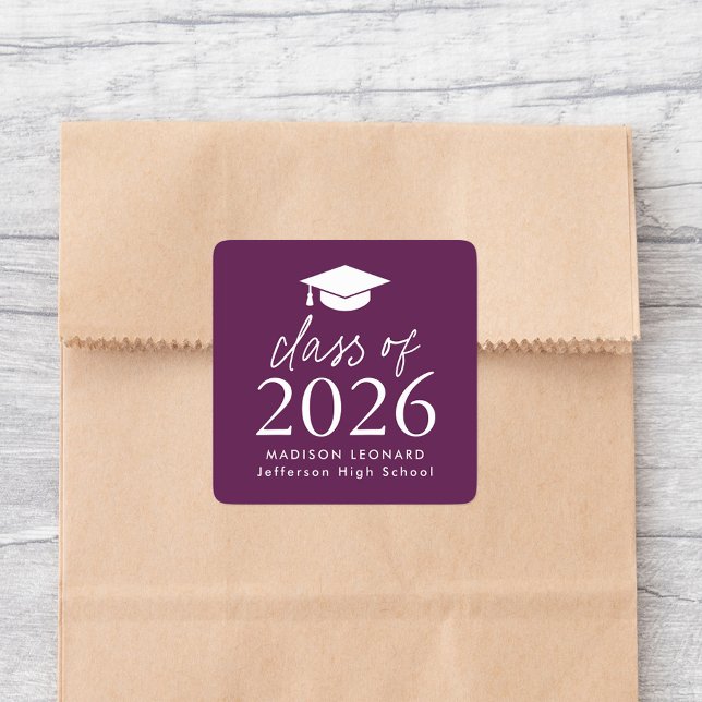Sticker Carré Classe moderne de 2025 Script Purple Graduation (Créateur téléchargé)