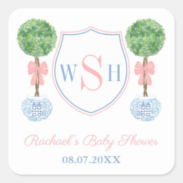 Sticker Carré Classic Boxwood Monogram Crest Baby shower Favoris