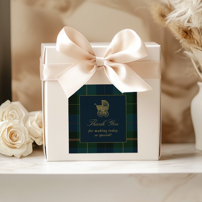 Sticker Carré Classic Dark Green & Blue Plaid Baby Shower (Créateur téléchargé)