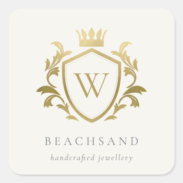 Sticker Carré Classic Elegant Monogramme Or Floral Couronne Cres (Devant)