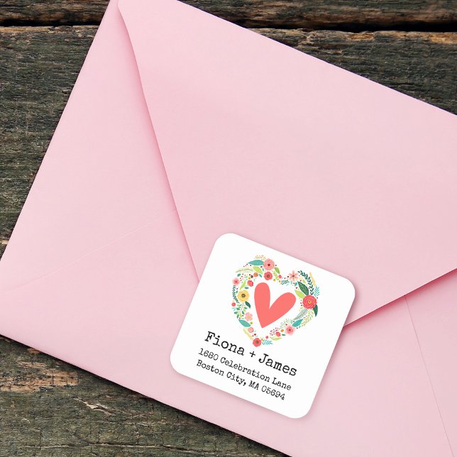 Sticker Carré Classic Floral Heart Wreath Adresse de retour (Classic Floral Heart Wreath Return Address Square Sticker)