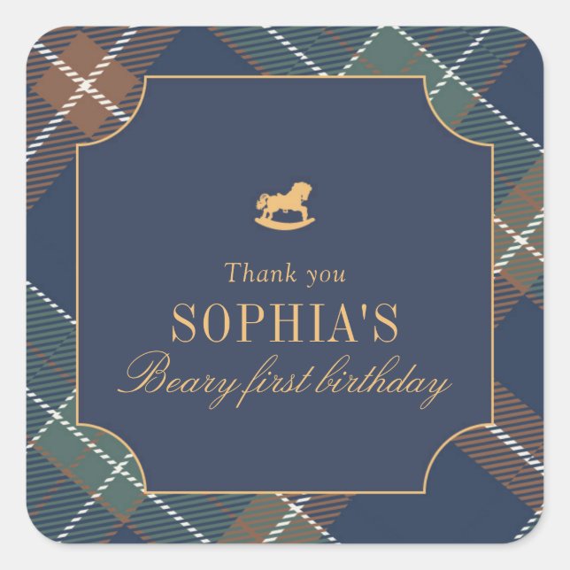 Sticker Carré Classic Navy Plaid Teddy Bear Girl Birthday (Devant)