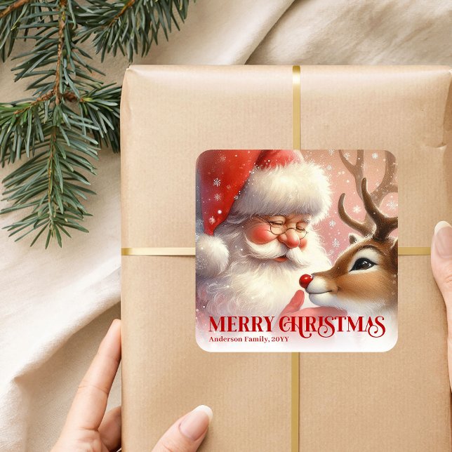 Sticker Carré Classic Personalized Santa Rudolph Christmas Kids (Classic Personalized Santa Rudolph Christmas Sticker)
