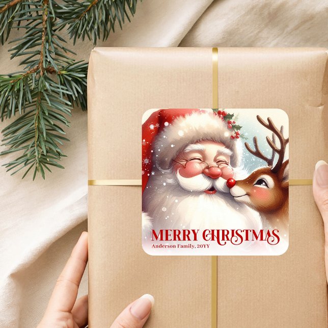 Sticker Carré Classic Santa Rudolph Personalized Christmas Kids  (Classic Santa Rudolph Personalized Christmas Kids Holiday Sticker

)
