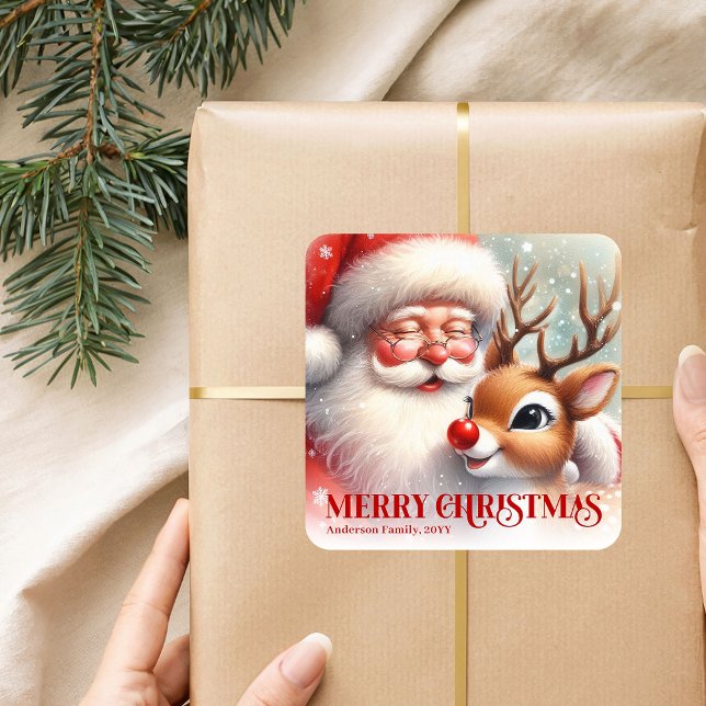 Sticker Carré Classic Santa Rudolph Personalized Merry Christmas (Classic Santa Rudolph Personalized Merry Christmas Sticker)