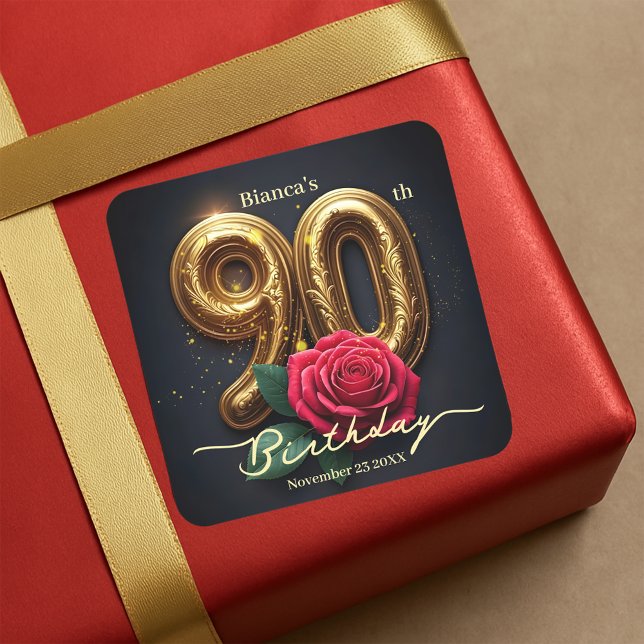 Sticker Carré Classy Chic Red Rose Ornate Golden 90th Birthday (Créateur téléchargé)