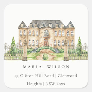 Sticker Carré Classy Garden Château Manor Aquarelle Adresse