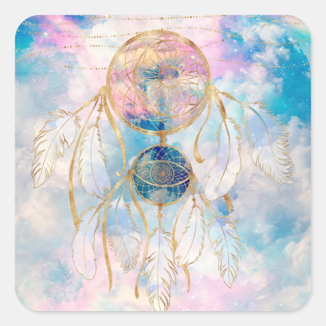 Sticker Carré Classy Gold Dreamcatcher Rainbow Clouds Sky design (Devant)