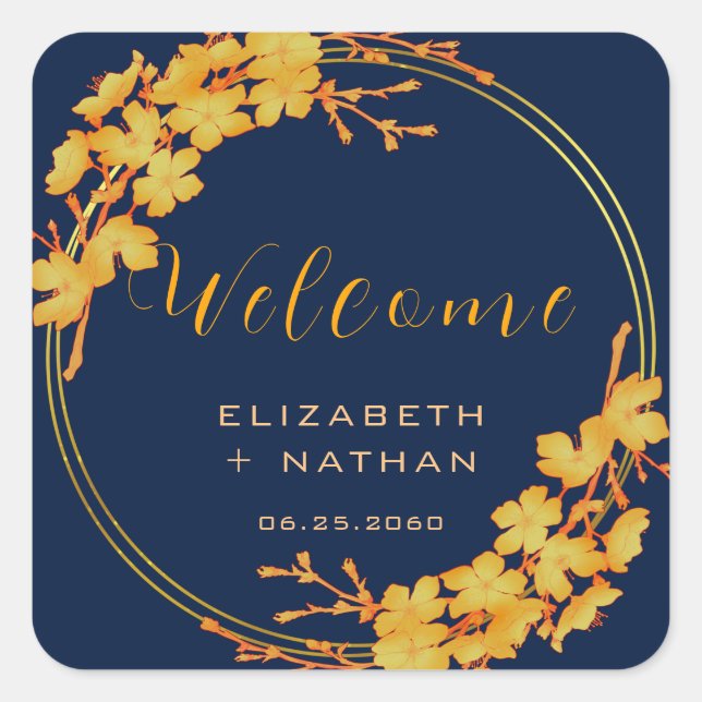 Sticker Carré Classy Gold Floral Marine Blue Mariage Bienvenue (Devant)