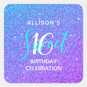Sticker Carré Classy Sweet 16 Turquoise Purple Parties scintilla