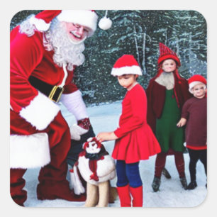 Sticker Carré Clause Santa avec Elfs, Noël