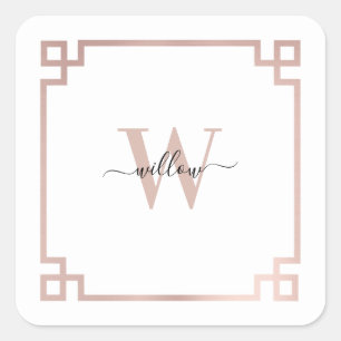 Sticker Carré Clé grecque blanche et Rose rose or Monogramme