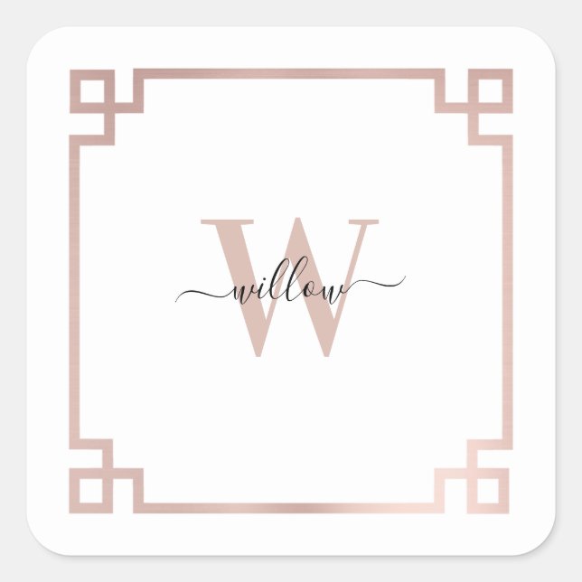 Sticker Carré Clé grecque blanche et Rose rose or Monogramme (Devant)