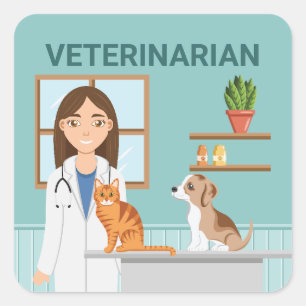Sticker Carré Clinique vétérinaire femme vétérinaire avec chat e