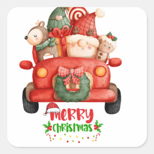 Sticker Carré Clipart d'aquarelle Gnome de Noël