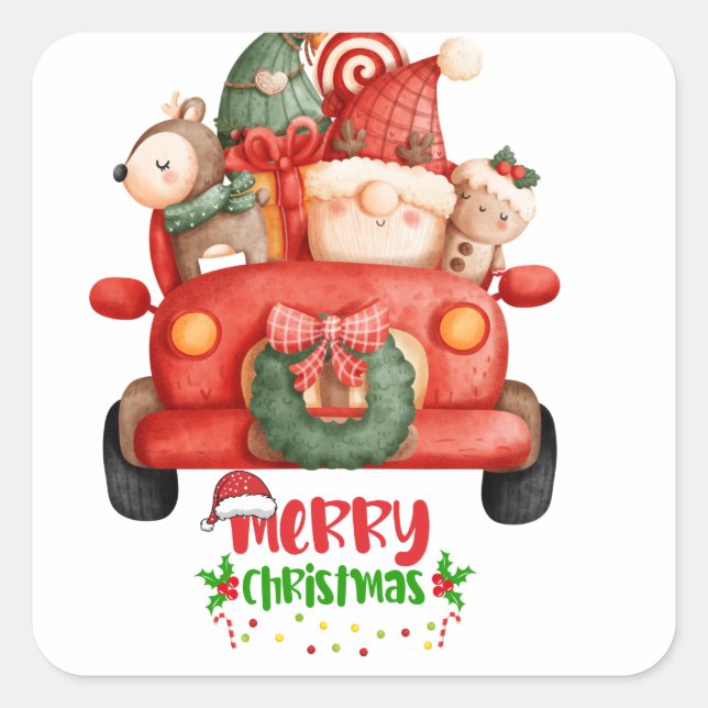 Sticker Carré Clipart d'aquarelle Gnome de Noël (Devant)