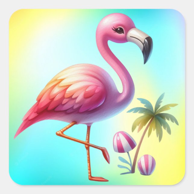 Sticker Carré Clipart de dessin Flamant rose aquarelle (Devant)