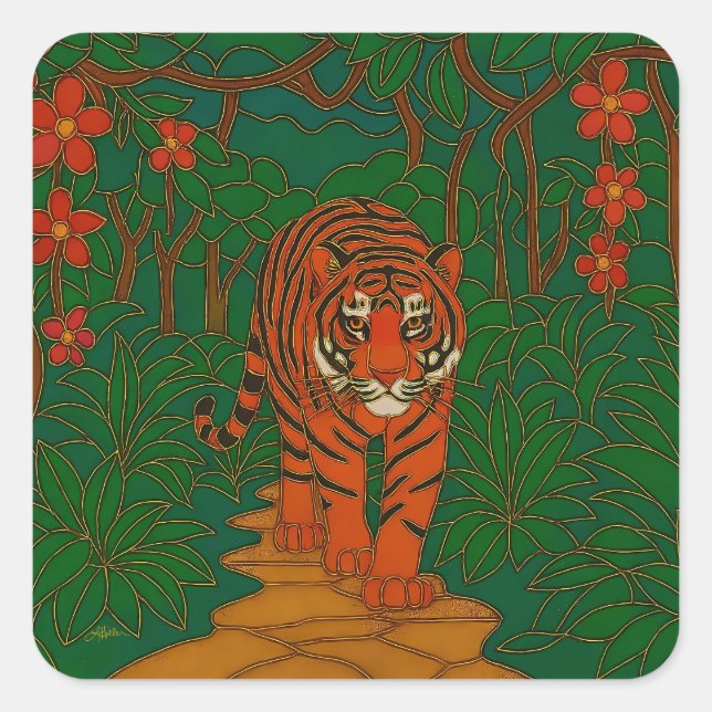 Sticker Carré Cloisonne Art Tiger on the Jungle Path (Devant)