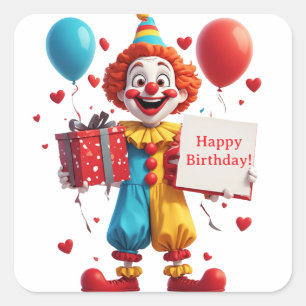 Sticker Carré Clown d'anniversaire avec cadeau et pancarte vierg