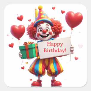 Sticker Carré Clown de joyeux anniversaire tenant un panneau ❤️