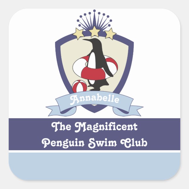Sticker Carré Club de natation Crest Cute Cartoon Penguin Enfant (Devant)