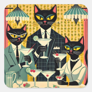 Sticker Carré Club Martini Cat Noir Futuriste Rétro