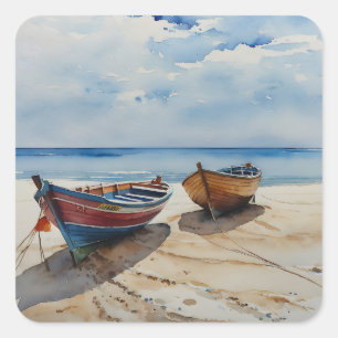 Sticker Carré "Coastal Calm" Un Aquarelle Reposant Paysage marin