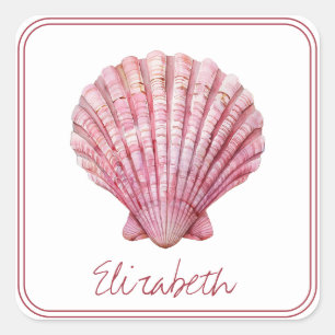 Sticker Carré Coastère rose coquille sur blanc Personnalisé