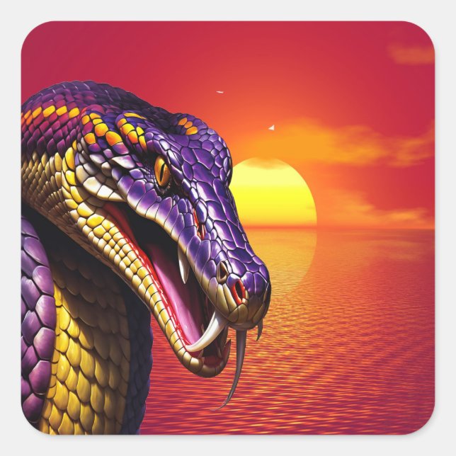 Sticker Carré Cobra serpent avec des écailles violettes et jaune (Devant)