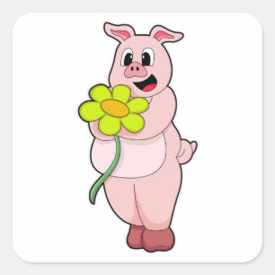 Sticker Carré Cochon à fleurs jaunes