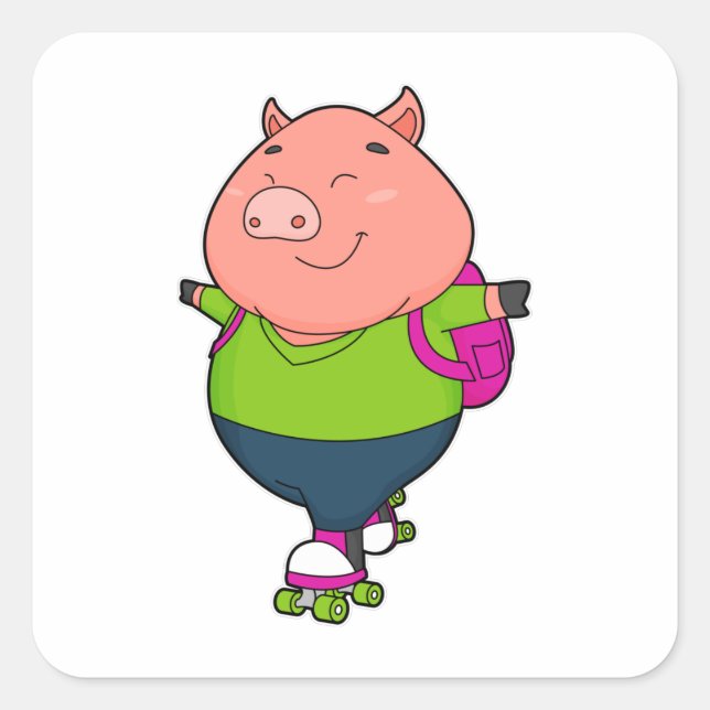 Sticker Carré Cochon à Patinage en ligne avec patins à rouleaux (Devant)