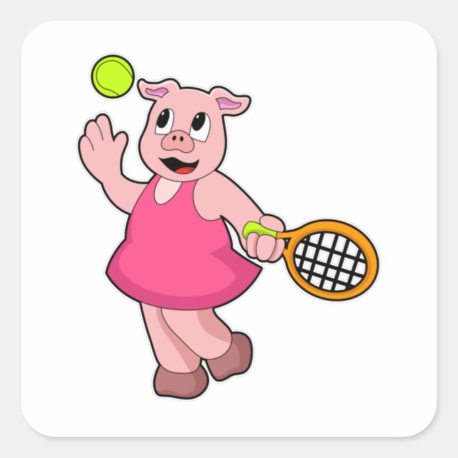 Sticker Carré Cochon au tennis avec raquette de tennis (Devant)