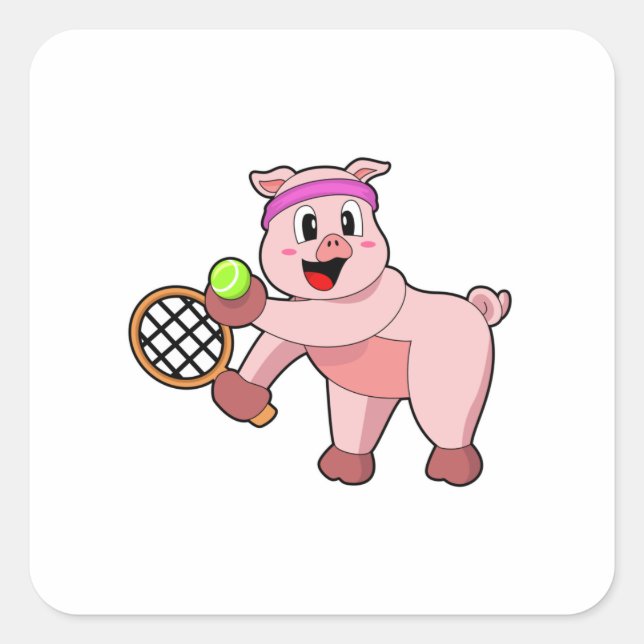 Sticker Carré Cochon au tennis avec raquette de tennis (Devant)