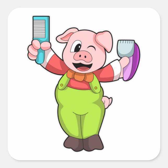 Sticker Carré Cochon avec ciseaux et razor (Devant)
