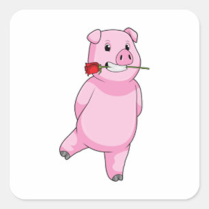 Sticker Carré Cochon avec fleur Rose