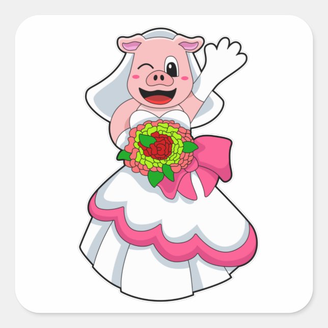 Sticker Carré Cochon avec robe Mariage & Bunch of Flowers (Devant)