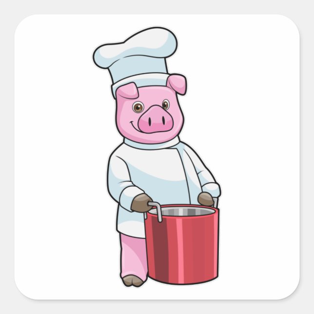 Sticker Carré Cochon comme cuire avec pot de Cuisine (Devant)