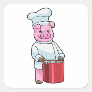 Sticker Carré Cochon comme cuire avec pot de Cuisine