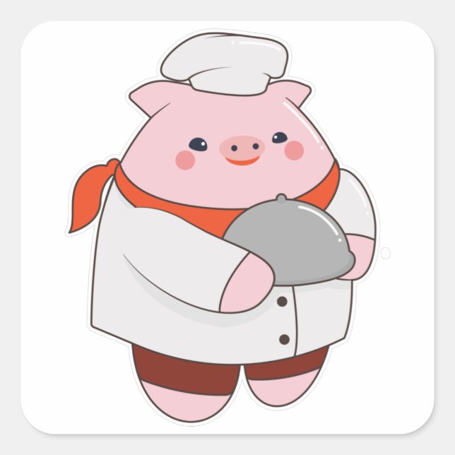 Sticker Carré Cochon comme cuisiner avec Plateau (Devant)