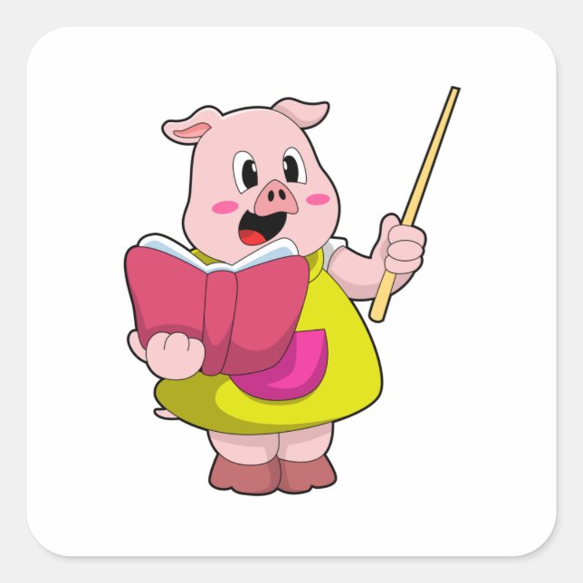 Sticker Carré Cochon comme enseignant avec livre (Devant)