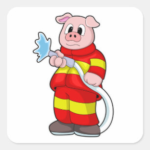Sticker Carré Cochon comme pompier avec tuyau